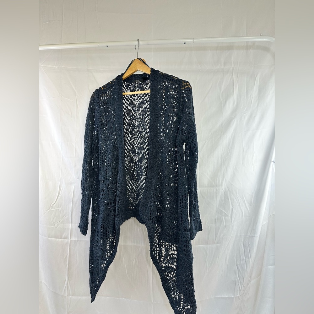 Elegant Dark Blue Open Weave Knit Cardigan with Front Drape, size small